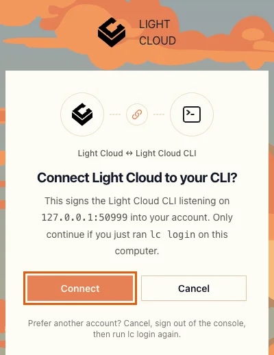 The Light Cloud page asking Connect Light Cloud to your CLI, with the Connect button highlighted