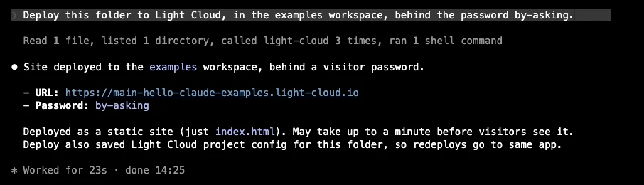 Claude Code: the prompt Deploy this folder to Light Cloud, in the examples workspace, behind the password by-asking, then Read 1 file, listed 1 directory, called light-cloud 3 times, ran 1 shell command, and the answer Site deployed to the examples workspace, behind a visitor password, with the URL and the password