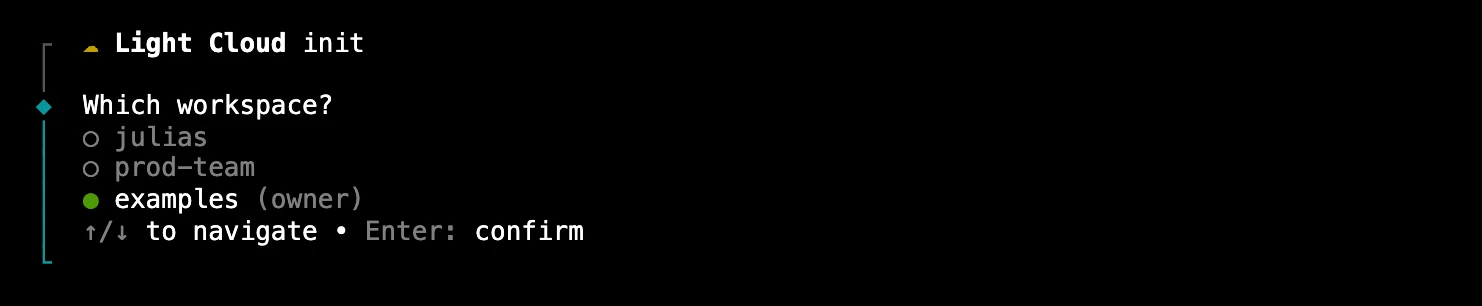 The lc init prompt Which workspace?, listing julias, prod-team and examples, with examples selected