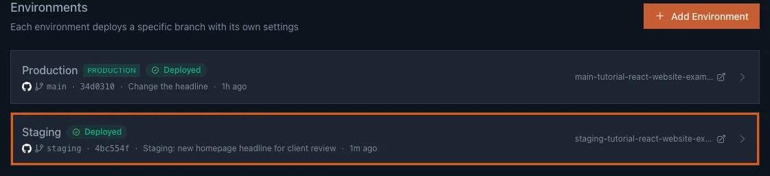 The Environments page with Production on main and a new Staging environment on the staging branch highlighted