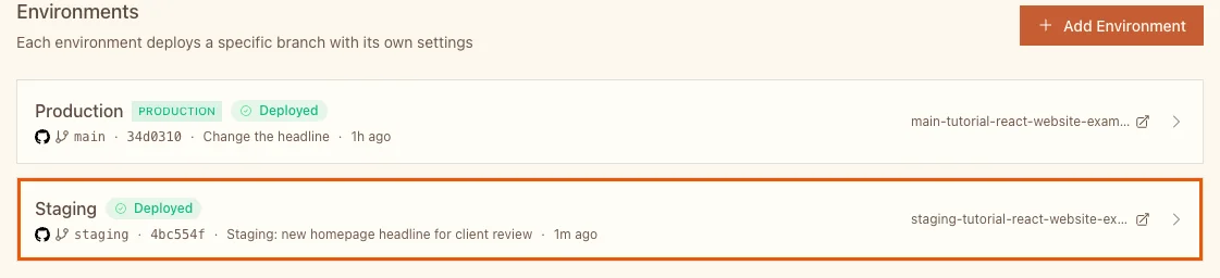 The Environments page with Production on main and a new Staging environment on the staging branch highlighted