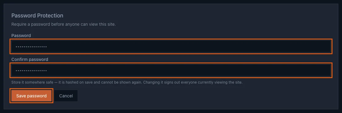 The Password Protection form with Password and Confirm password filled in and the Save password button highlighted