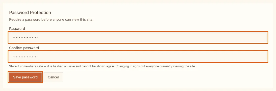 The Password Protection form with Password and Confirm password filled in and the Save password button highlighted