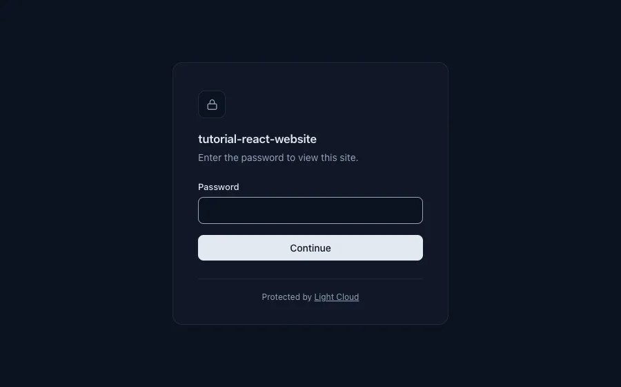 The Light Cloud password page for tutorial-react-website with a Password field and a Continue button