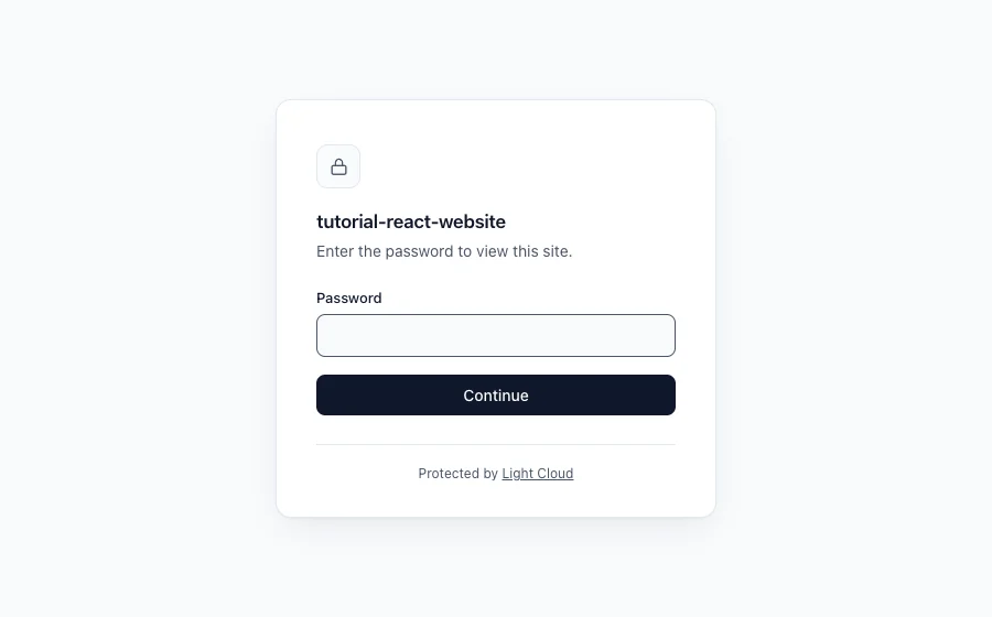 The Light Cloud password page for tutorial-react-website with a Password field and a Continue button