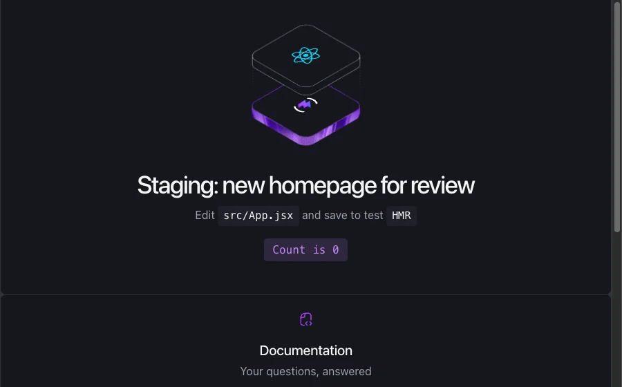 The staging site after unlocking, with the headline Staging: new homepage for review