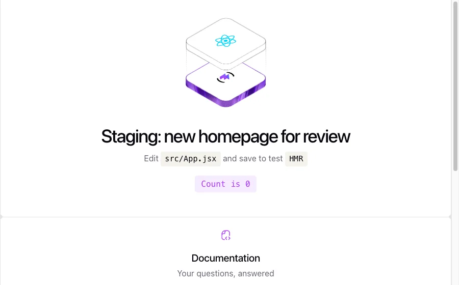 The staging site after unlocking, with the headline Staging: new homepage for review