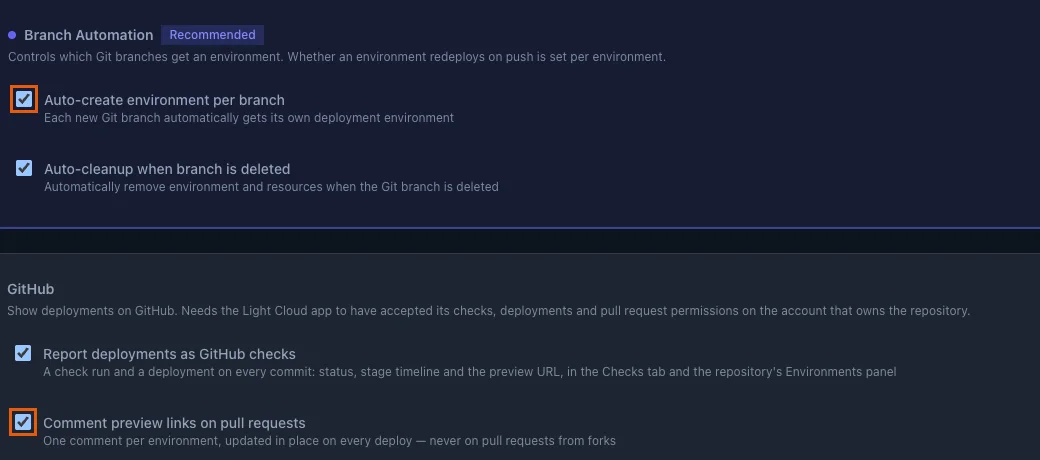 The Branch Automation and GitHub sections of the app settings, with Auto-create environment per branch and Comment preview links on pull requests highlighted