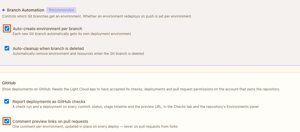 The Branch Automation and GitHub sections of the app settings, with Auto-create environment per branch and Comment preview links on pull requests highlighted