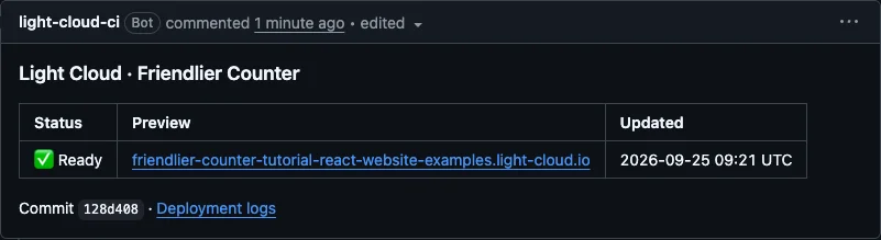 The light-cloud-ci bot comment on the pull request: status Ready and the preview link friendlier-counter-tutorial-react-website-examples.light-cloud.io