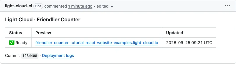 The light-cloud-ci bot comment on the pull request: status Ready and the preview link friendlier-counter-tutorial-react-website-examples.light-cloud.io