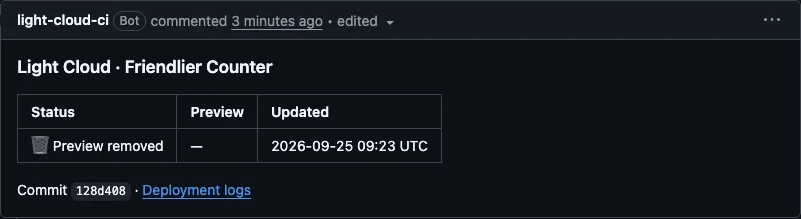 The bot comment updated to Preview removed after the branch was deleted