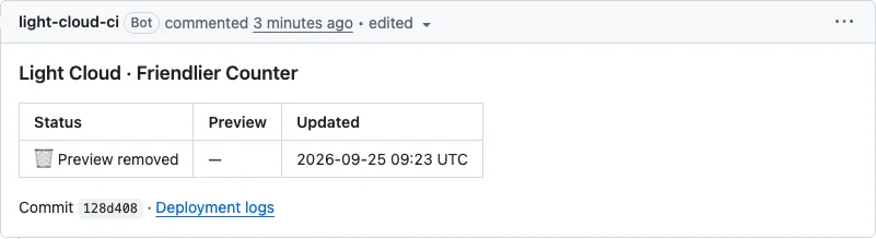 The bot comment updated to Preview removed after the branch was deleted