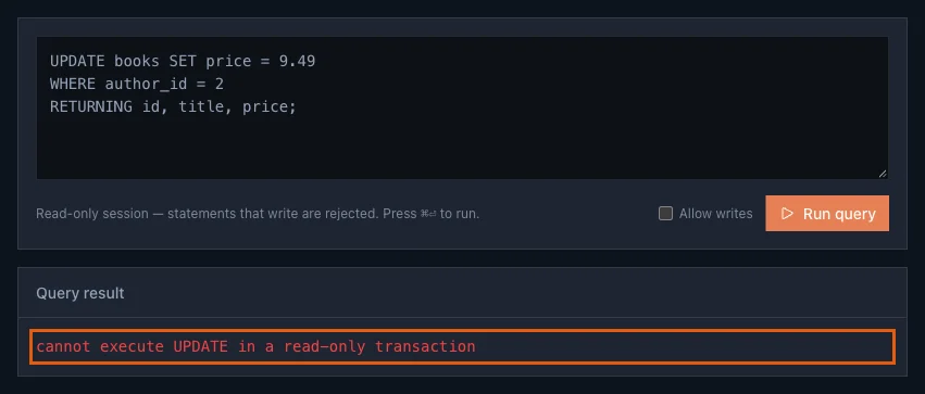 The UPDATE statement in the query box and the result cannot execute UPDATE in a read-only transaction, highlighted