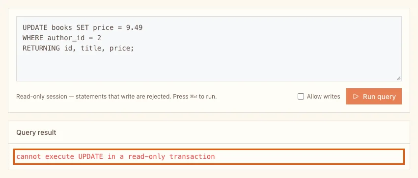 The UPDATE statement in the query box and the result cannot execute UPDATE in a read-only transaction, highlighted