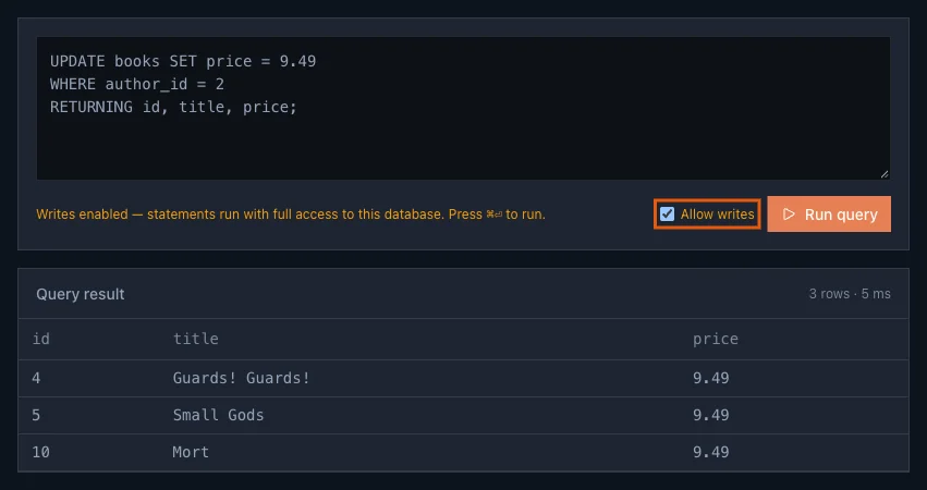 Allow writes ticked and highlighted, the warning that statements run with full access, and the result listing Guards! Guards!, Small Gods and Mort, each with price 9.49
